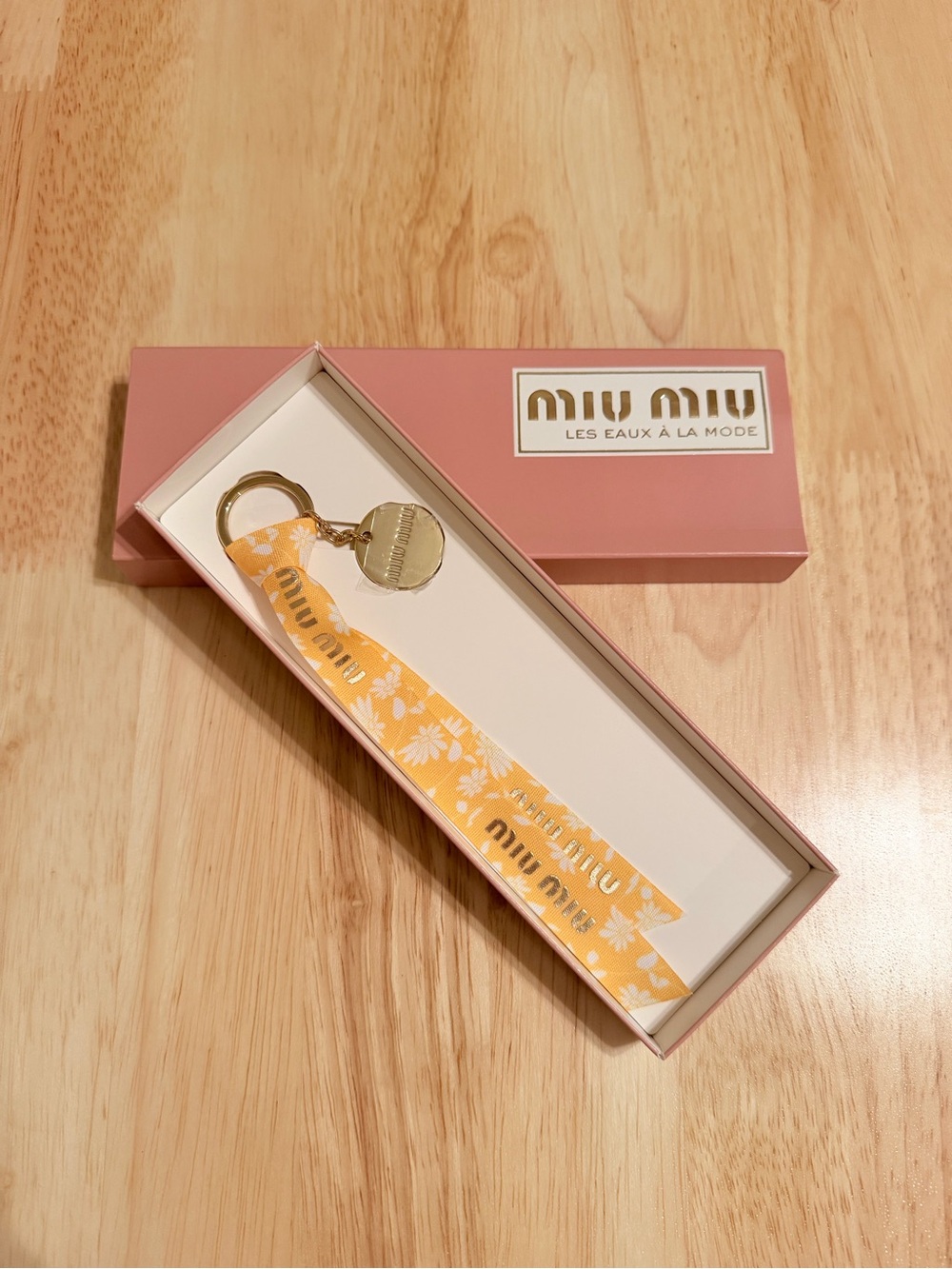 Miu Miu Yellow Floral Ribbon Key Ring with Branded Charm